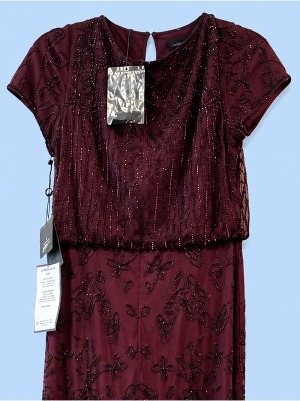 Adrianna Papell Beaded Wine Maxi Dress with Cap Sleeves